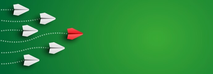 Background with individual red leader paper plane lead other