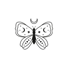 Celestial butterfly with stars, crescent and moon phases.