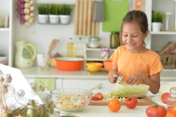 Cute girl making salad on kitchen and using laptop