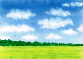 Simple watercolor landscape, beautiful hand drawn illustration. Deep blue sky with white clouds, green grass and forest. Summer vacation spirit. Creative background for design