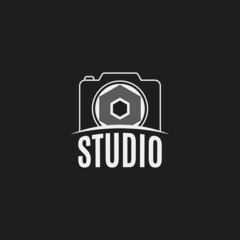 Modern camera photography lens and photo studio logo badges design concept ispiration idea for business signs, logos, identity, labels, and other branding objects for your business on black background
