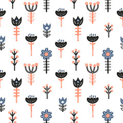 Scandinavian seamless pattern with doodle flowers.