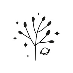 Black celestial leafy branch and stars, planet.