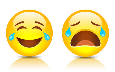 Sad and smiling emoji, vector cartoon