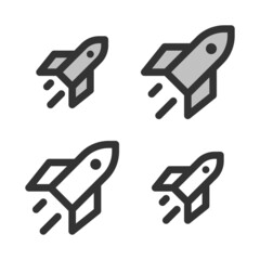 Pixel-perfect linear icon of space rocket built on two base grids of 32x32 and 24x24 pixels. The initial base line weight is 2 pixels.  In two-color and one-color versions. Editable strokes