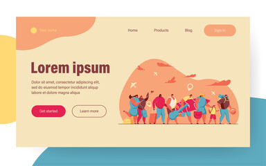 Tourist group in airport queue with baggage flat vector illustration. Cartoon happy travelers walking during trip with suitcases and bags. Travel and journey concept