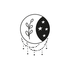 Boho moon with leafy twig, beads and stars.
