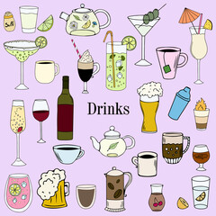 Vector illustration with drinks, alcoholic beverages, coffee, tea, cocktails, doodle set of drinks