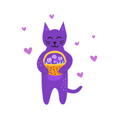 Doodle cat with a busket of roses and hearts around.