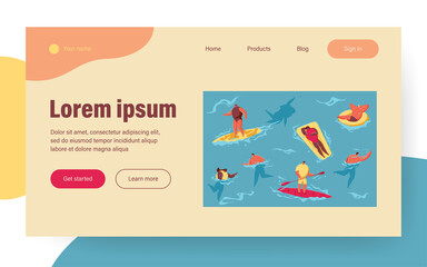 Obraz na płótnie Canvas Crowd of people in sea or ocean. People playing, swimming, surfing, sunbathing flat vector illustration. Summer resort, vacation, water activity concept for banner, website design or landing web page