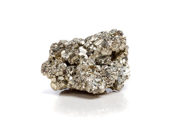 Macro mineral stone Pyrite gold on white background