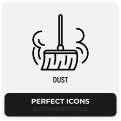 Broom sweeping and dusting thin line icon. Dust allergy. Modern vector illustration.