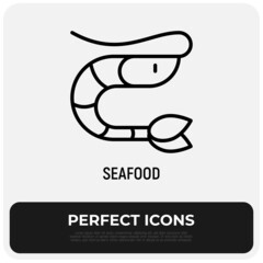 Cartoon shrimp thin line icon. Logo element  for seafood restaurant or sushi bar. Modern vector illustration