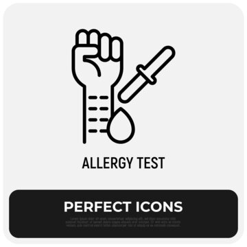 Allergy test thin line icon, prick test, hand and pipette with allergens. Modern vector illustration.