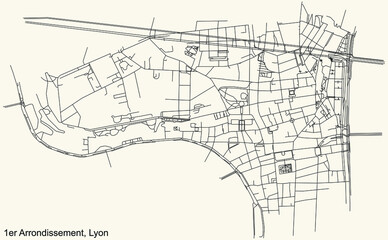Black simple detailed street roads map on vintage beige background of the quarter 1st arrondissement district of Lyon, France