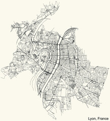 Black simple detailed street roads map on vintage beige background of the quarters, arrondissement and districts of Lyon, France