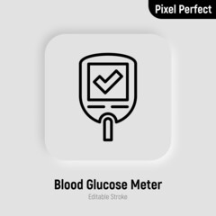 Blood glucose meter with good result on screen. Glucometer with check mark. Normal level of sugar. Medical device for diabetes. Pixel perfect, editable stroke. Vector illustration.