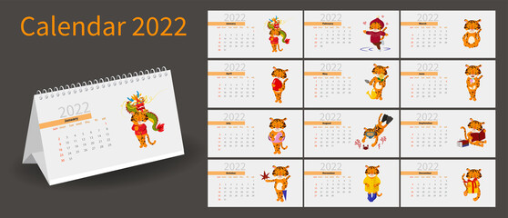 2022 calendar design with funny tiger cub with different seasonal activities. Tiger calendar design concept, cute tiger, new year character. Kit for 12 months. desk calendar horizontal layout.