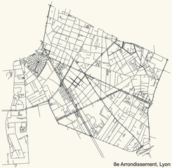 Black simple detailed street roads map on vintage beige background of the quarter 8th arrondissement district of Lyon, France