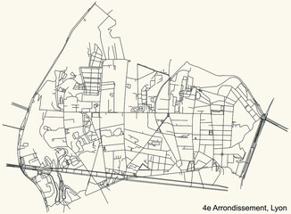 Black simple detailed street roads map on vintage beige background of the quarter 4th arrondissement district of Lyon, France - obrazy, fototapety, plakaty