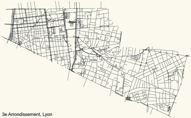 Black simple detailed street roads map on vintage beige background of the quarter 3rd arrondissement district of Lyon, France