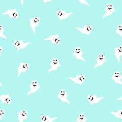 Fototapeta premium funny smiling ghosts on a blue background, simple pattern for printing on tnani, halloween background with white positive ghosts