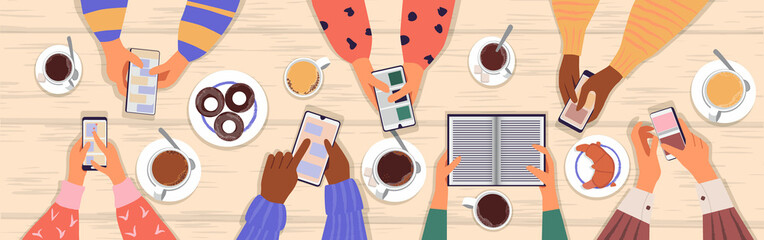 People are sitting at a table opposite each other and looking at their phones. One pair of hands with a book. The concept of social networks addiction. Vector illustration, top view