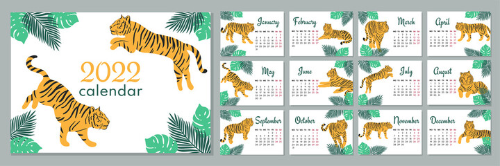 Fototapeta na wymiar 2022 calendar template. Calendar with symbol year, tiger. Week starts on Monday.