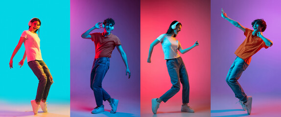 Four young people, men and women in big headphones dancing isolated over colored backgrounds in neon lights. Flyer