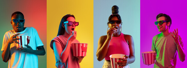 Four young people, men and women with popcorn isolated over colored backgrounds in neon lights....