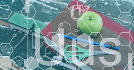 Image of chemical structures moving over school items