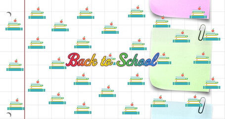 Image of back to school text over school icons