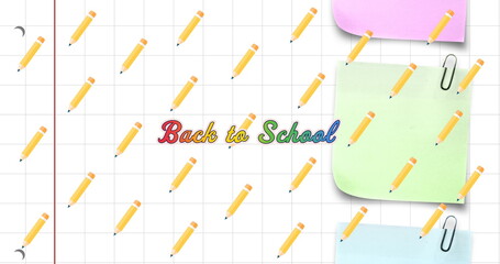 Image of back to school text over school icons