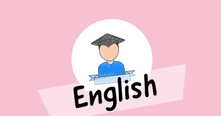 Image of english text over school digital icon on pink background