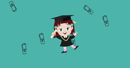 Image of schoolgirl digital icon over school items icons on green background