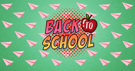 Image of back to school text over school items icons