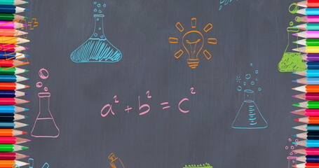 Image of school items icons over crayons and blackboard