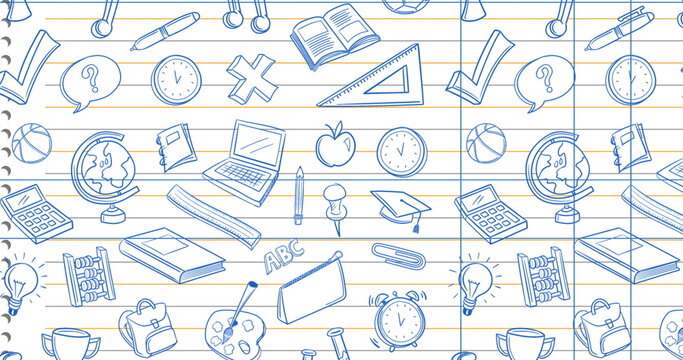 Image of science text over school items icons
