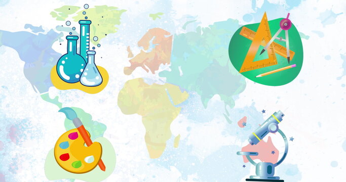 Image of school icons over world map