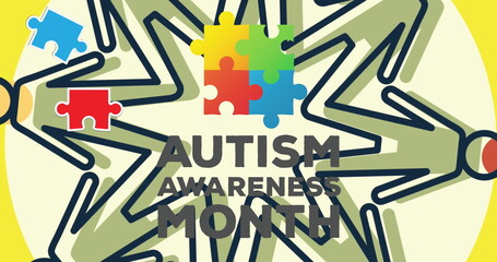 Image of puzzles falling over autism awareness month text and spinning people icons