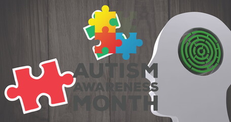 Image of puzzles falling over autism awareness month text and human brain with maze