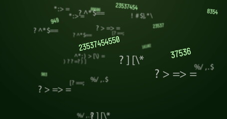 Digital image of multiple changing numbers and symbols against green background