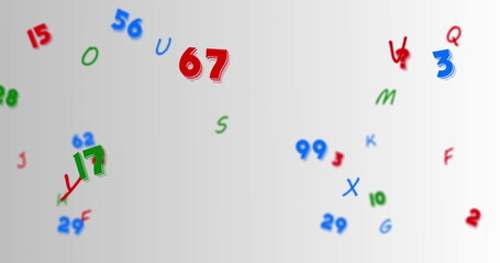 Digital image of multiple numbers and alphabets floating against grey background