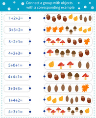  Math game for children. Find the corresponding picture for each example.