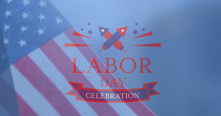 Obraz premium Image of labour day celebration text with fireworks over american flag on blue