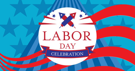 Image of labor day celebration text over american flag stars and stripes