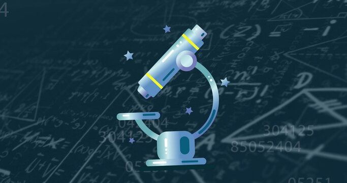 Image of microscope over mathematical equations on blue background - Powered by Adobe