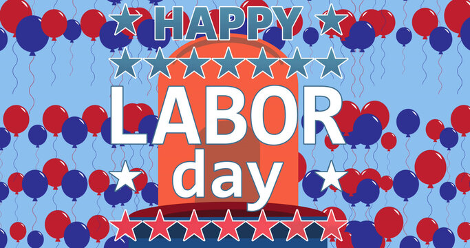 Image of happy labour day text and siren light over red, white and blue stars and balloons
