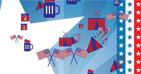 Image of icons coloured in american flag over stars and stripes background