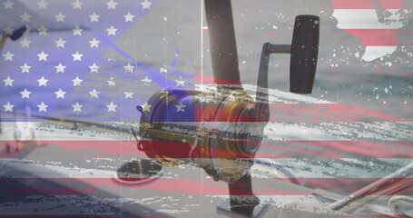 American flag grunge design effect against close up of fishing rod on a boat